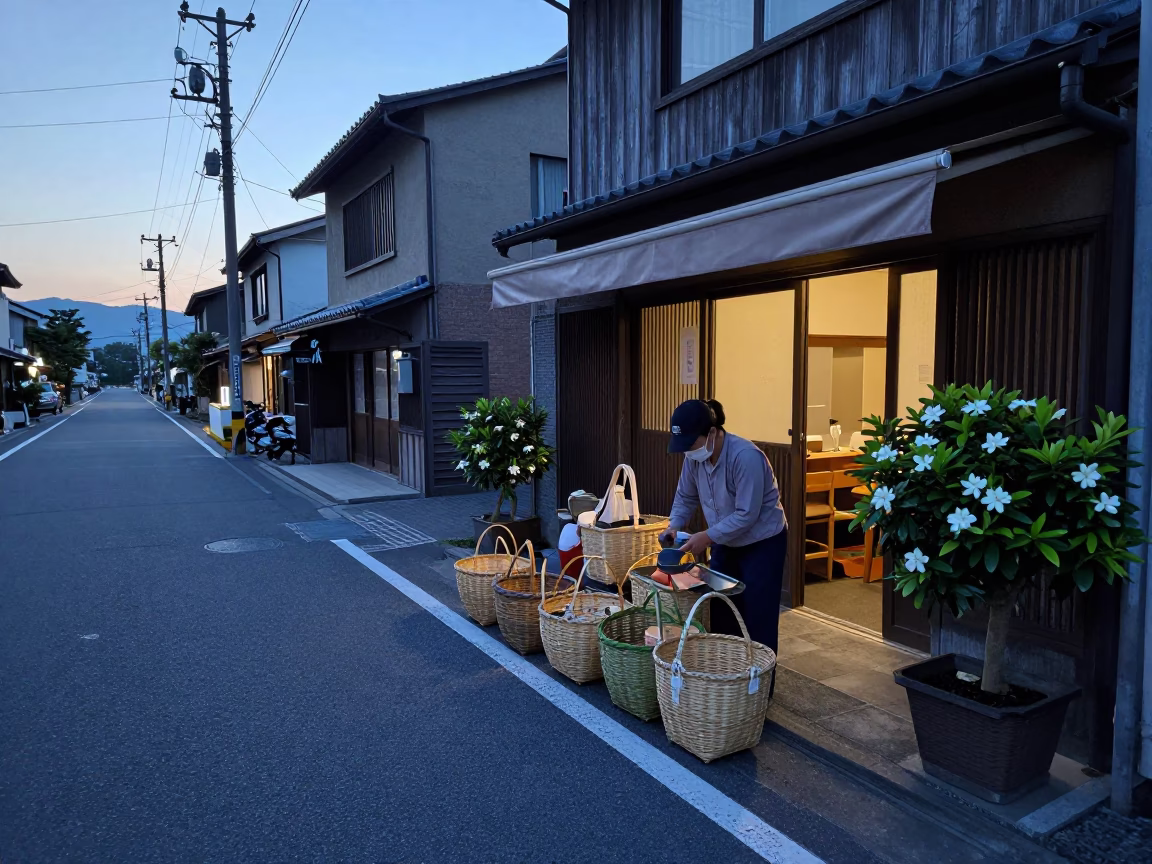 Pre-dawn street scene in Fukuoka Japan with woven baskets and gardenia bush in in Fukuoka, Japan