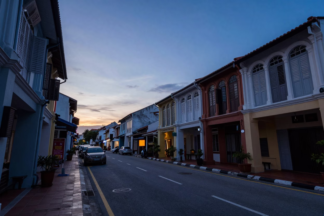 Pre-dawn street scene in George Town Malaysia with colorful shopfronts in in George Town, Malaysia