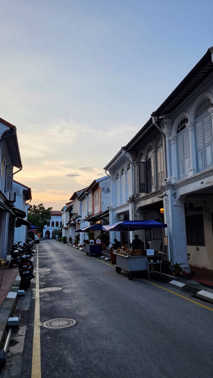 Pre-dawn street scene in George Town Malaysia with shophouses and street vendor in in George Town, Malaysia
