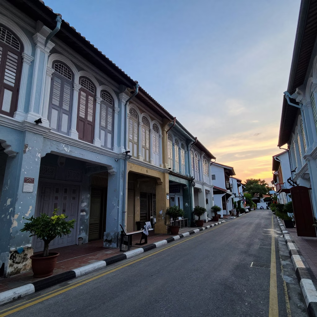 Pre-Dawn Street Scene in George Town Malaysia with Traditional Shophouse Architecture in in George Town, Malaysia