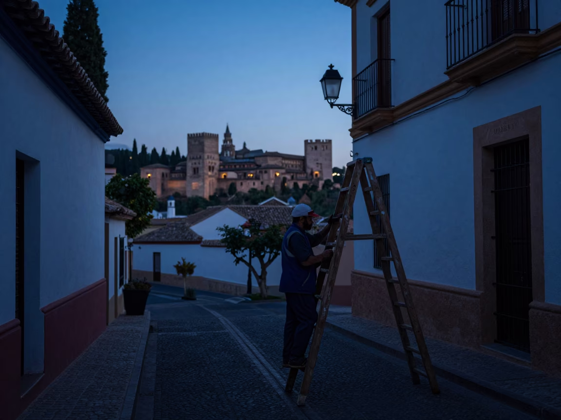 Pre-Dawn Street Scene in Granada Spain with Gardener and Wooden Ladder in in Granada, Spain