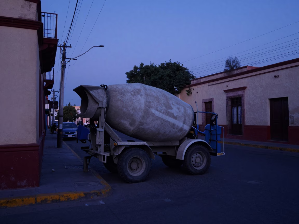 Pre-Dawn Street Scene in Guadalajara Mexico with Cement Mixer and Early Morning Light in in Guadalajara, Mexico
