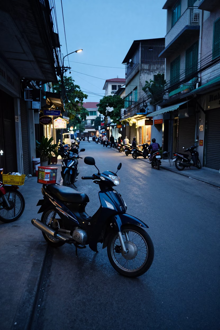 Pre-dawn street scene in Hanoi Vietnam with motorbikes and coffee tin in in Hanoi, Vietnam
