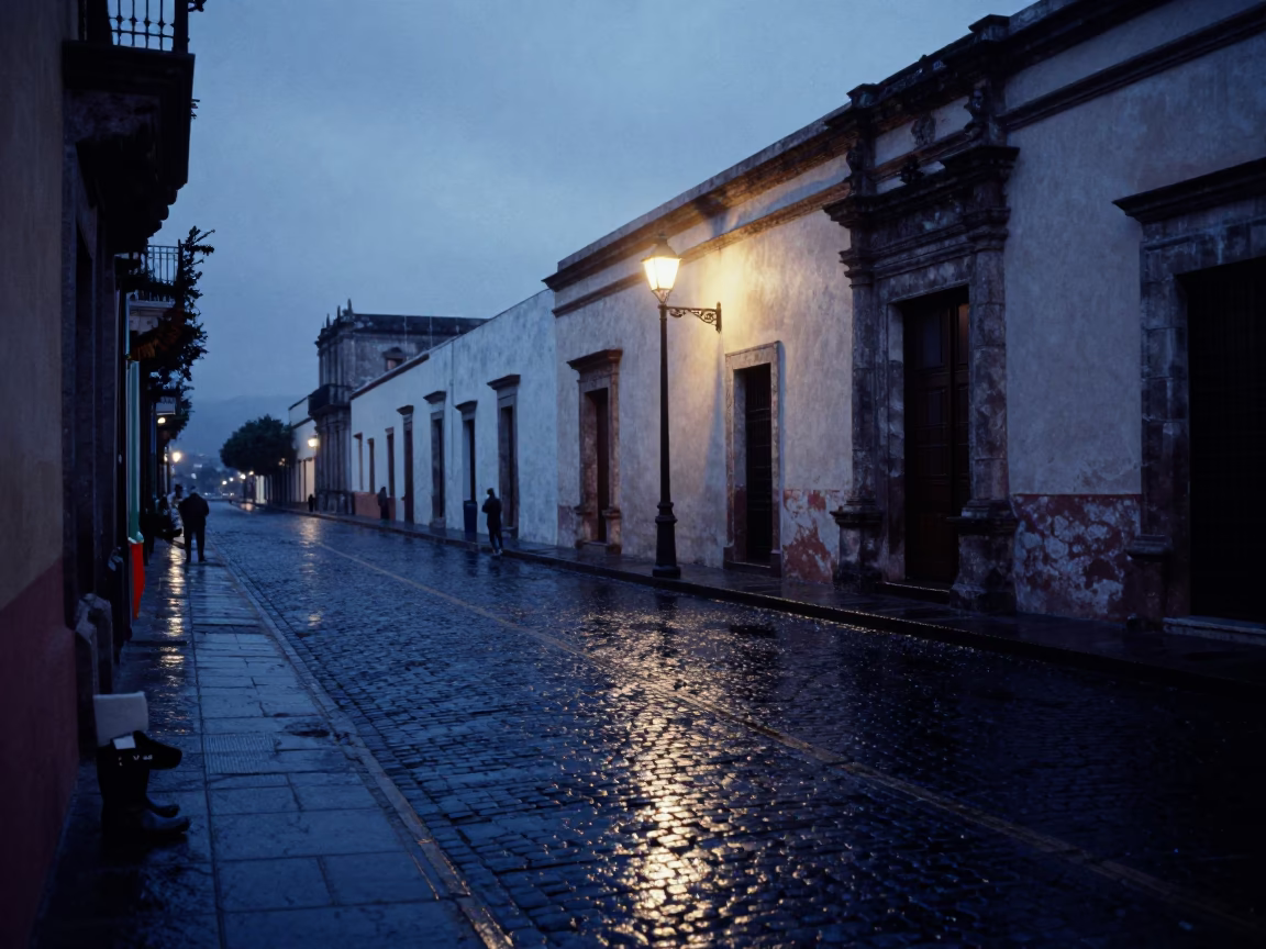 Pre-Dawn Street Scene in Historic Oaxaca Mexico with Rain Boots and Brass Mirror in in Oaxaca, Mexico