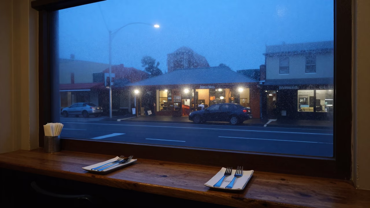 Pre-dawn street scene in Hobart Tasmania with cutlery on cafe counter in in Hobart, Tasmania, Australia