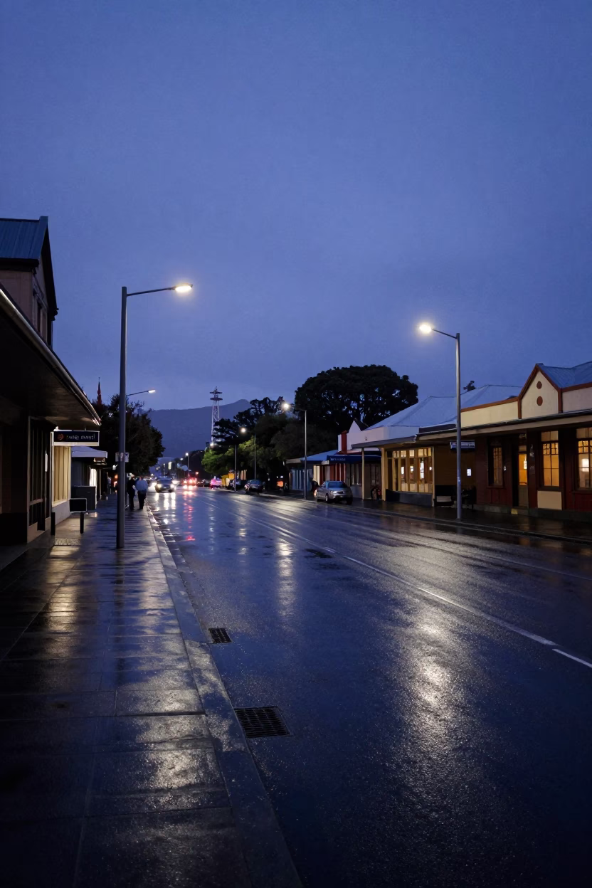 Pre-dawn street scene in Hobart Tasmania with wet pavement and morning commuters in in Hobart, Tasmania, Australia