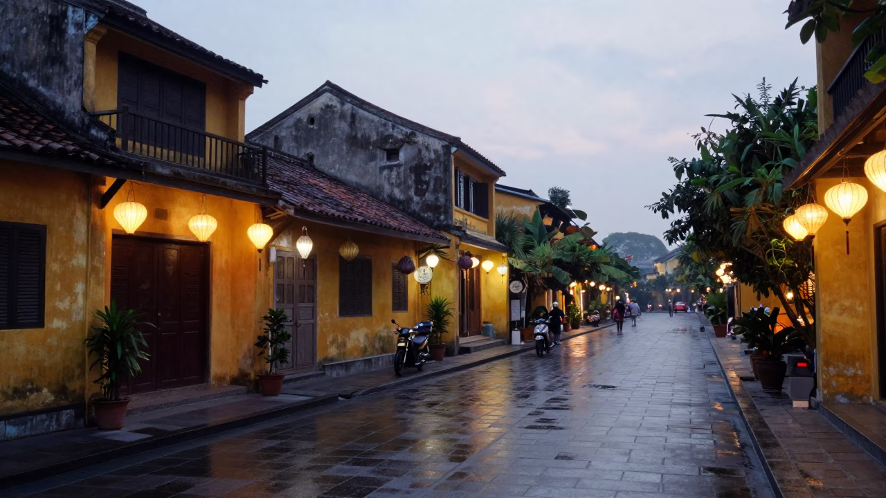 Pre-dawn street scene in Hoi An Vietnam with lanterns and morning light in in Hoi An, Vietnam