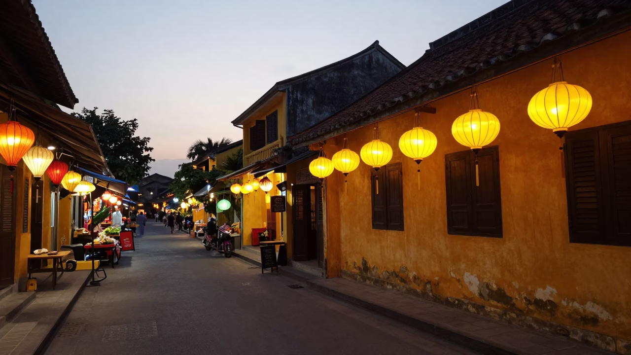 Pre-dawn street scene in Hoi An Vietnam with lanterns and morning market preparation in in Hoi An, Vietnam