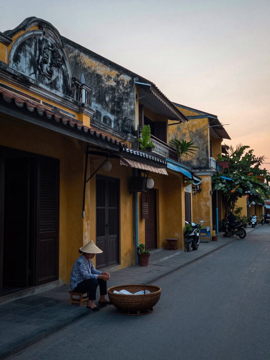 Pre-dawn street scene in Hoi An Vietnam with mending basket and traditional lanterns in in Hoi An, Vietnam