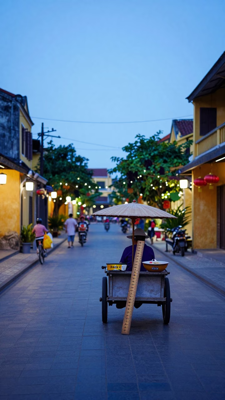 Pre-Dawn Street Scene in Hoi An Vietnam with Ramen and Wooden Ruler in in Hoi An, Vietnam