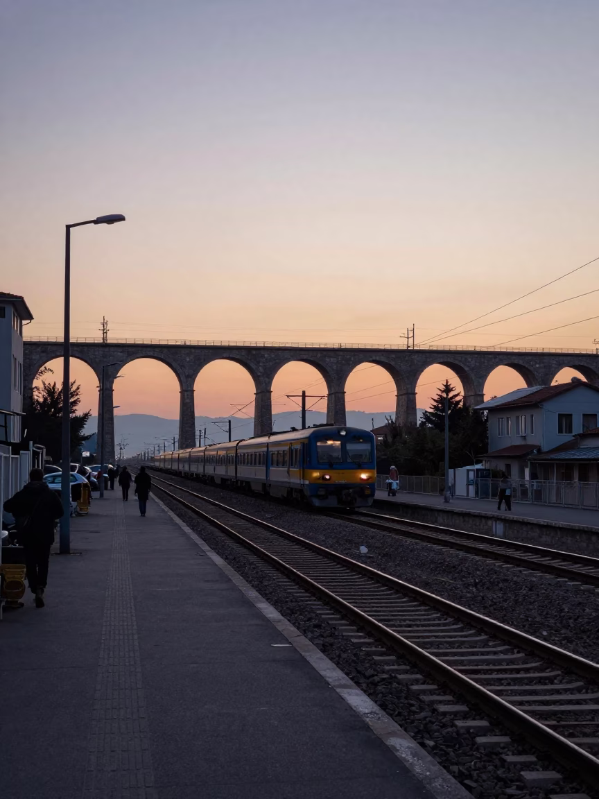 Pre-Dawn Street Scene in Izmir Turkey with Railway Viaduct and Bridge Pier Reflections in in Izmir, Turkey