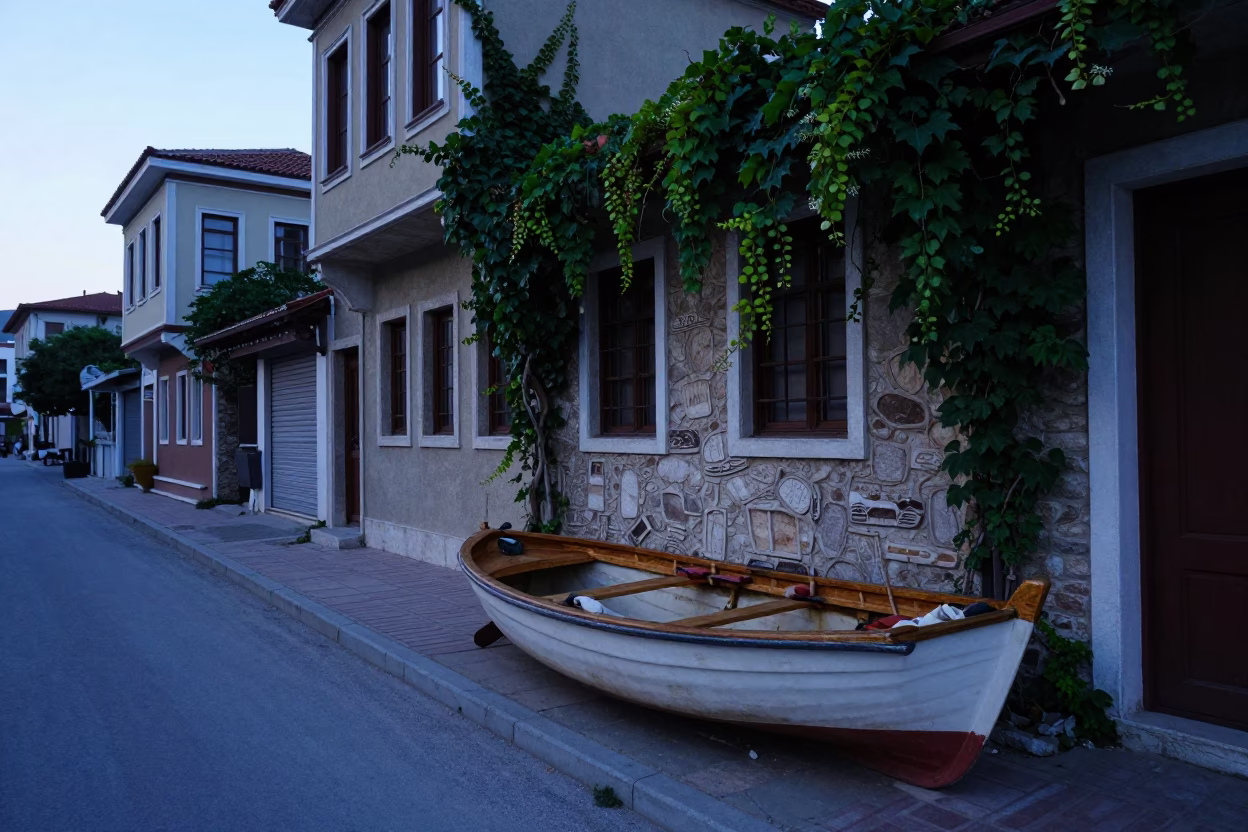 Pre-dawn street scene in Izmir Turkey with rowboat and ivy vines in in Izmir, Turkey