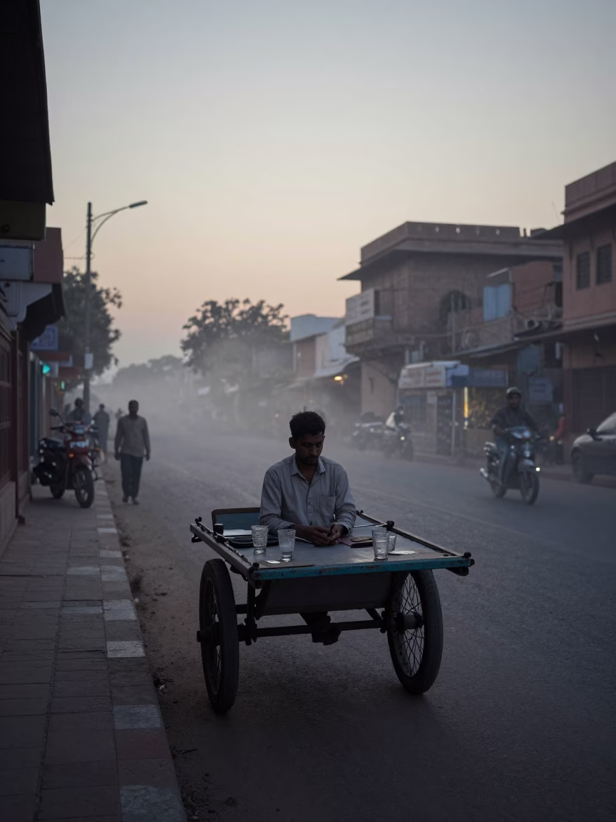 Pre-dawn street scene in Jaipur India with dust and glass tumblers in in Jaipur, India