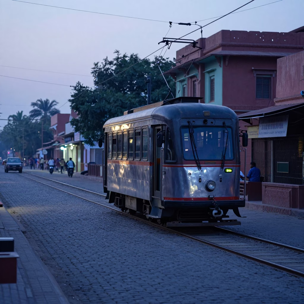 Pre-dawn street scene in Jaipur India with heritage tram and local vendor in in Jaipur, India