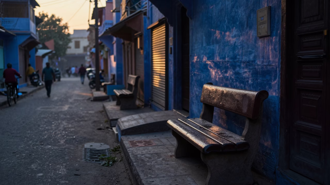 Pre-dawn street scene in Jaipur India with morning light and local activity in in Jaipur, India