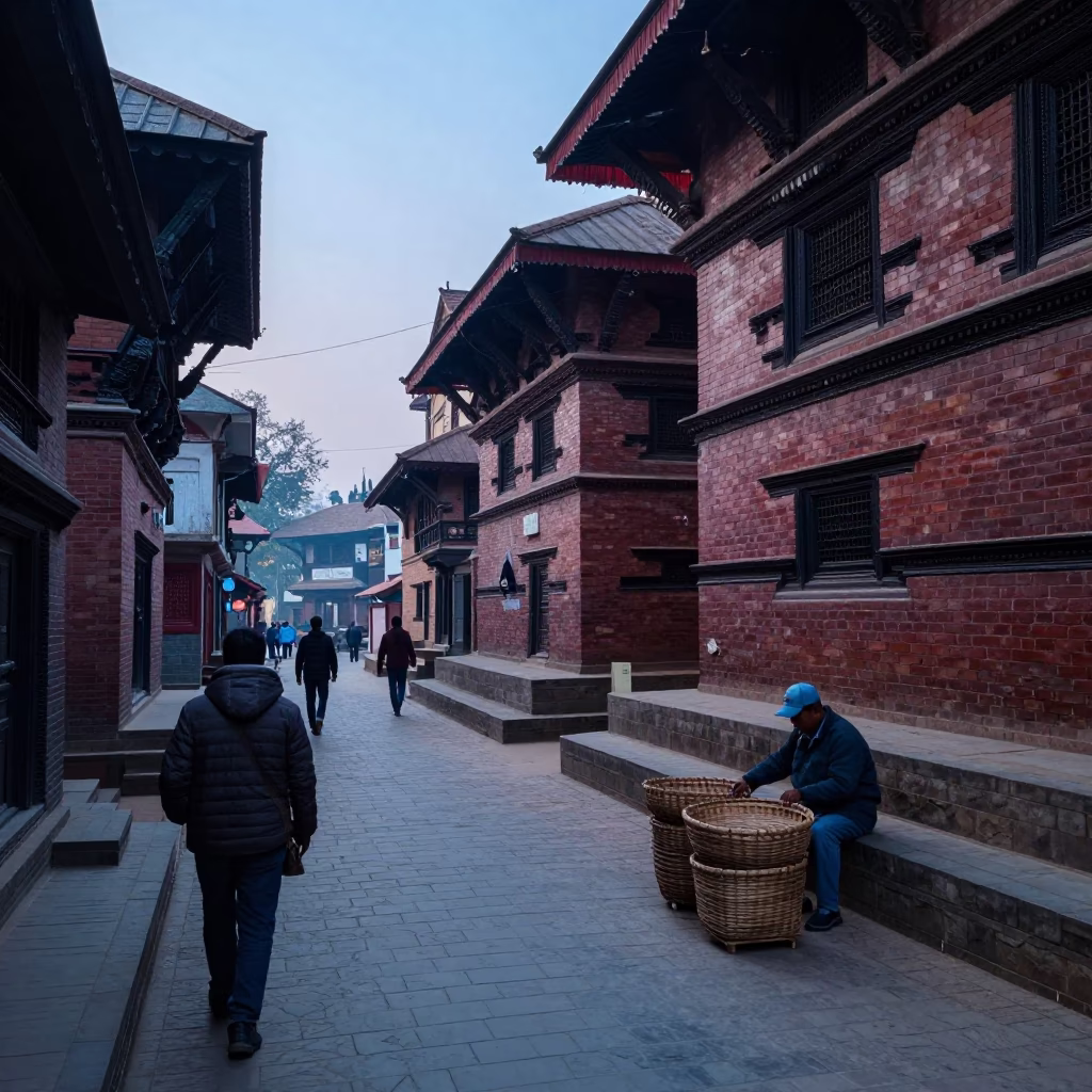 Pre-dawn street scene in Kathmandu Nepal with brick architecture and early morning activity in in Kathmandu, Nepal