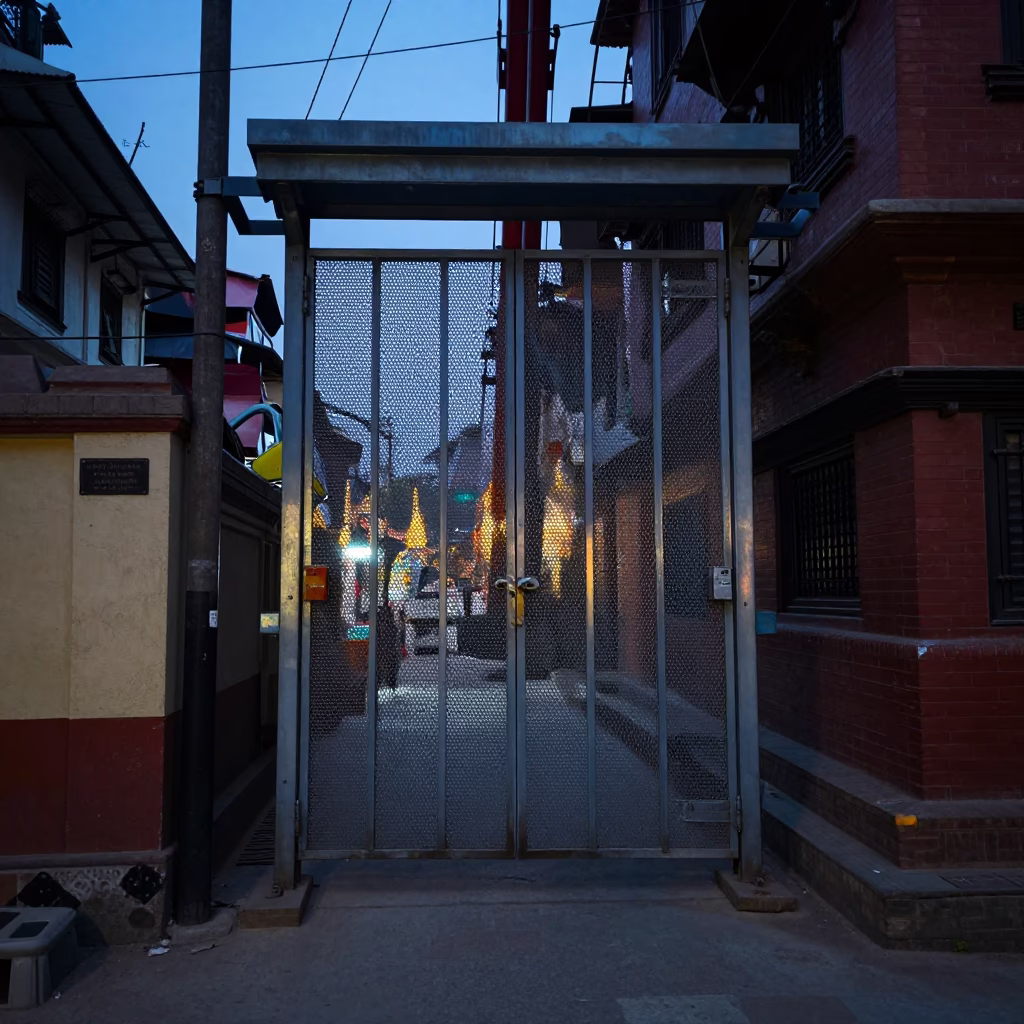 Pre-Dawn Street Scene in Kathmandu Nepal with Construction Elevator Gate and Rebar Bundles in in Kathmandu, Nepal