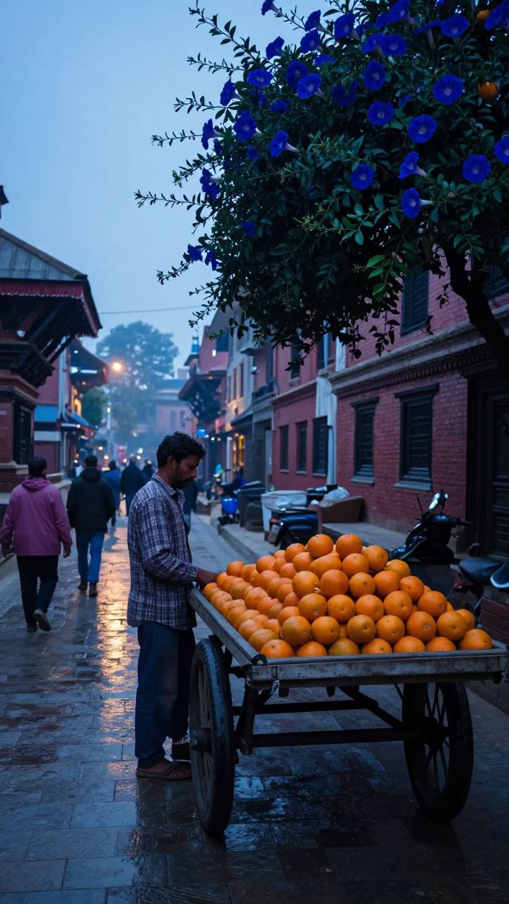 Pre-dawn street scene in Kathmandu Nepal with oranges and morning glory vines in in Kathmandu, Nepal
