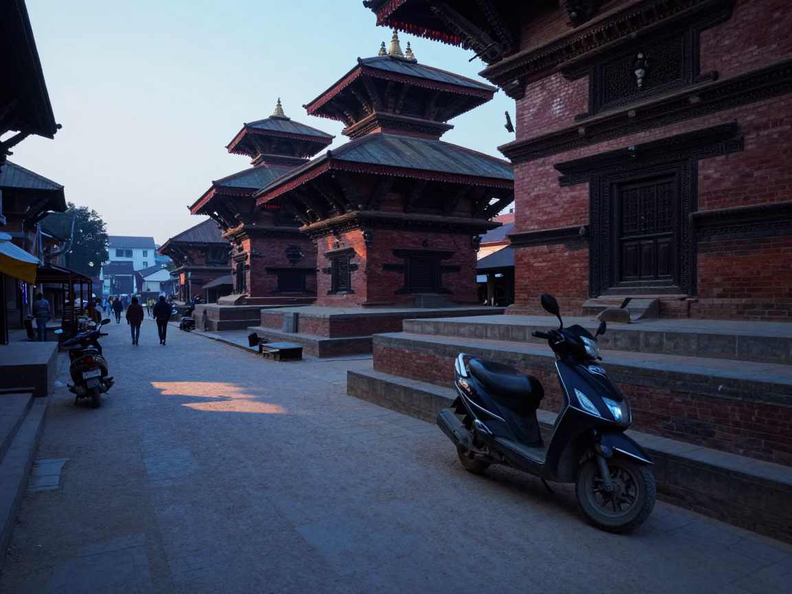Pre-dawn street scene in Kathmandu Nepal with scooters and temple architecture in in Kathmandu, Nepal