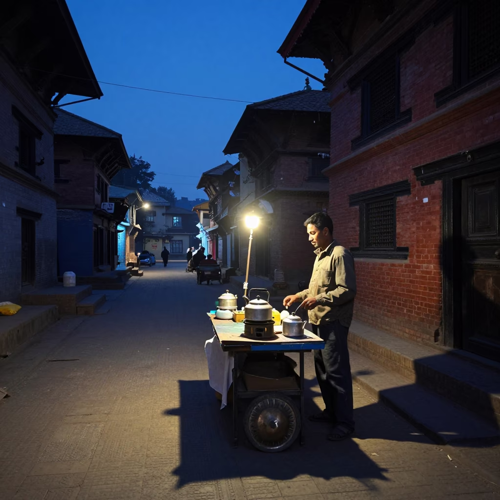 Pre-dawn street scene in Kathmandu Nepal with stovetop kettle in in Kathmandu, Nepal