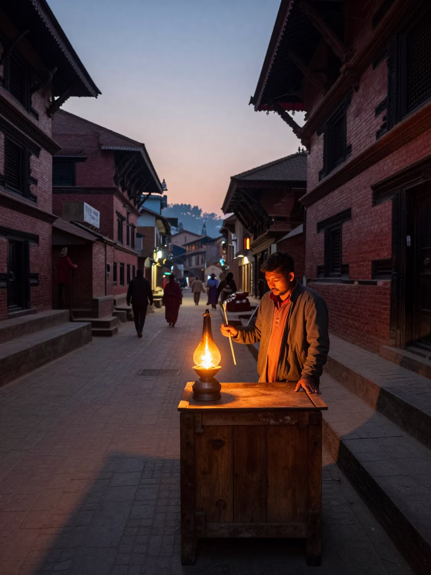 Pre-dawn street scene in Kathmandu Nepal with tea strainer and wooden bread board in in Kathmandu, Nepal