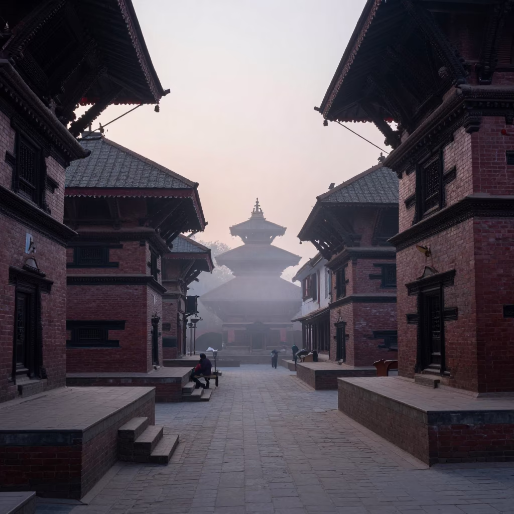 Pre-dawn street scene in Kathmandu Nepal with traditional architecture and morning mist in in Kathmandu, Nepal