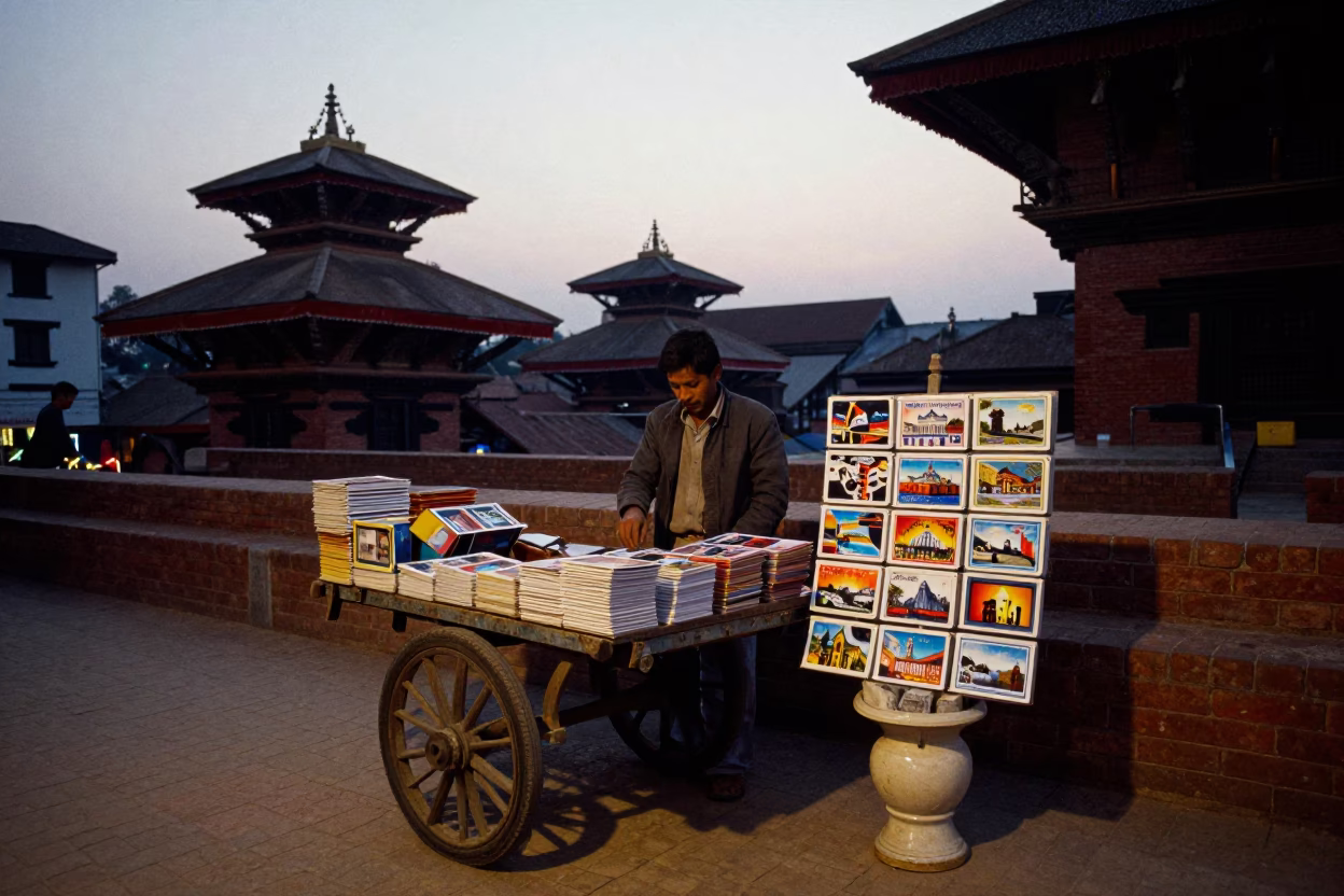 Pre-dawn street scene in Kathmandu Nepal with vendor and postcards in in Kathmandu, Nepal