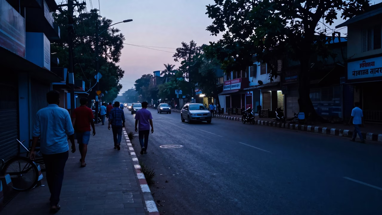 Pre-dawn street scene in Kolkata India with early morning commuters and colonial architecture in in Kolkata, India