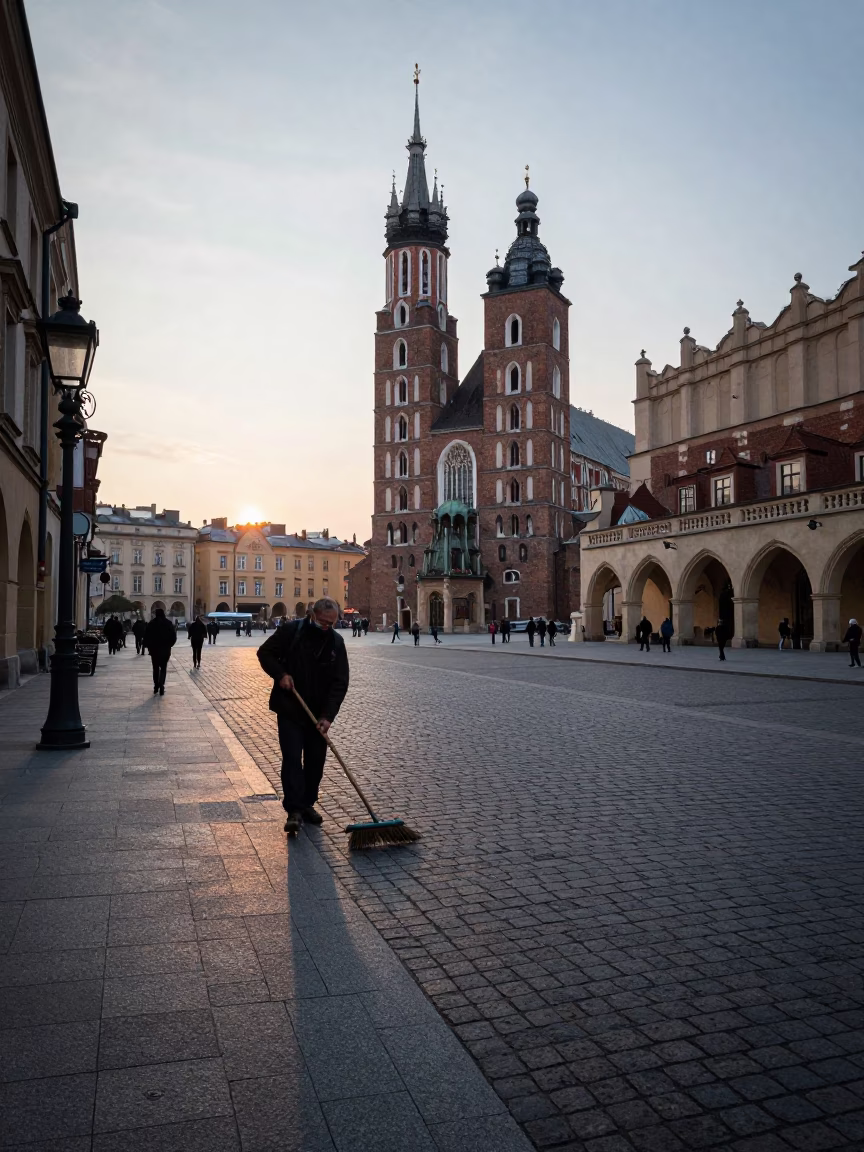 Pre-dawn street scene in Krakow Poland with cobblestones and historic architecture in in Krakow, Poland
