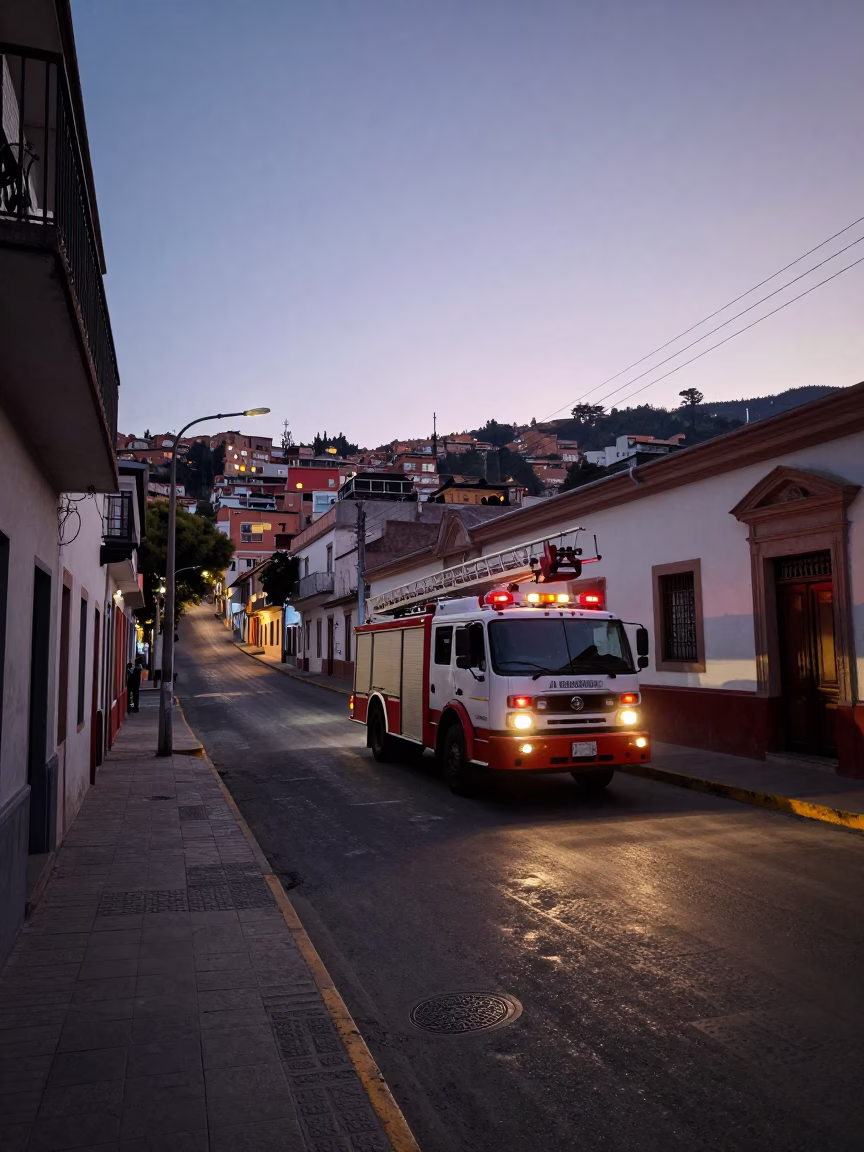 Pre-Dawn Street Scene in La Paz Bolivia with Fire Engine and Urban Infrastructure in in La Paz, Bolivia