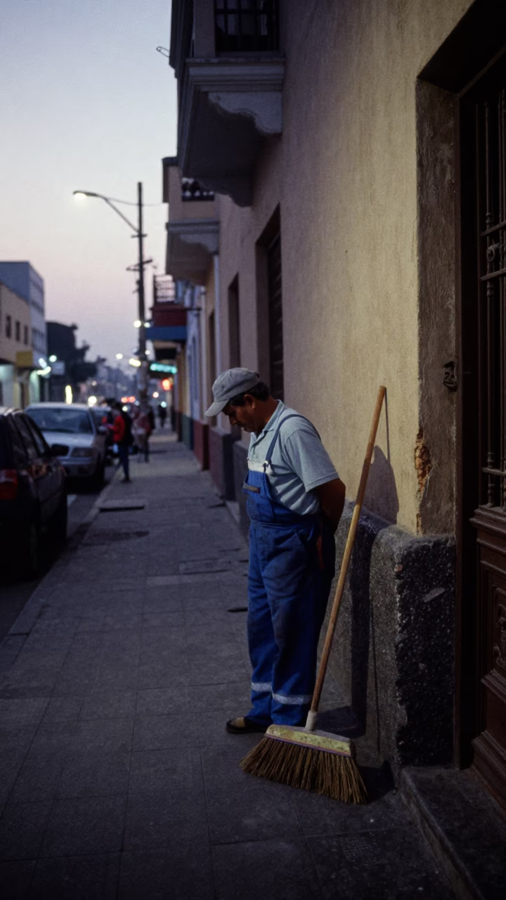 Pre-dawn street scene in Lima Peru with janitorial tools and urban textures in in Lima, Peru