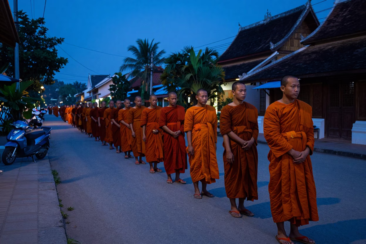 Pre-dawn street scene in Luang Prabang Laos with monks and coffee in in Luang Prabang, Laos