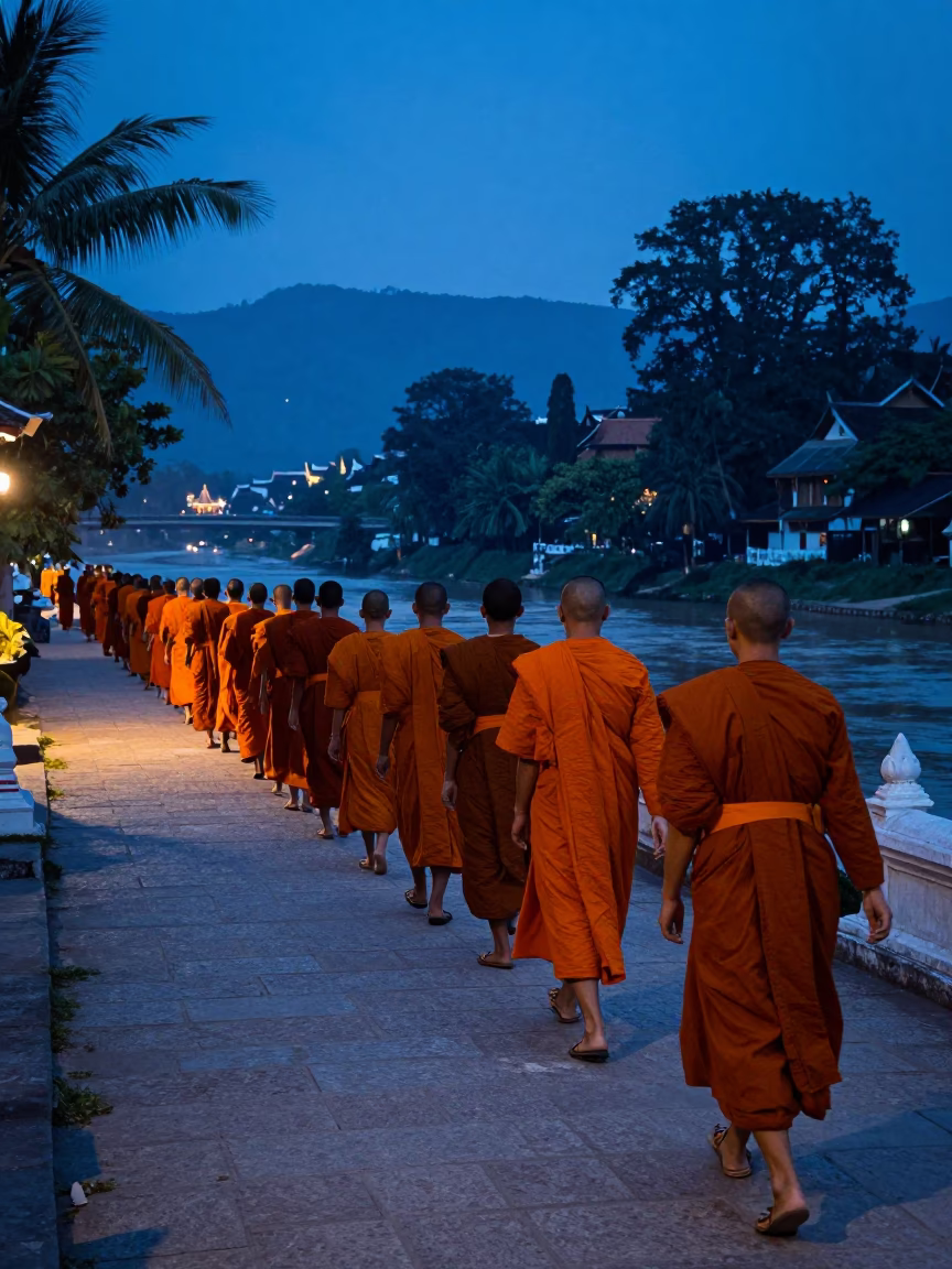 Pre-dawn street scene in Luang Prabang Laos with monks and morning light in in Luang Prabang, Laos