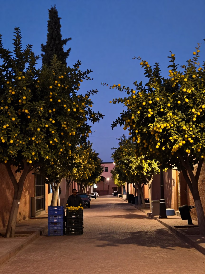 Pre-dawn street scene in Marrakech Morocco with lemons and cypress trees in in Marrakech, Morocco