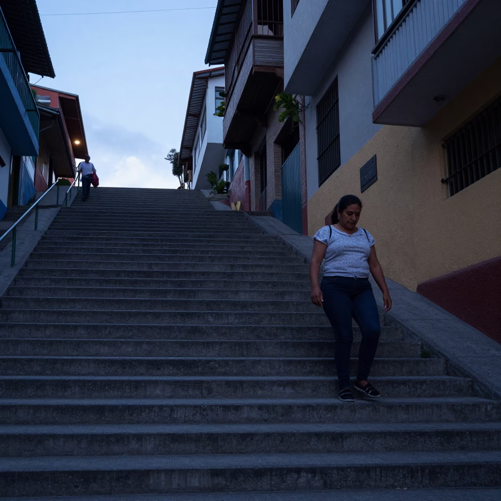 Pre-dawn street scene in Medellin Colombia with concrete staircase and morning light in in Medellin, Colombia