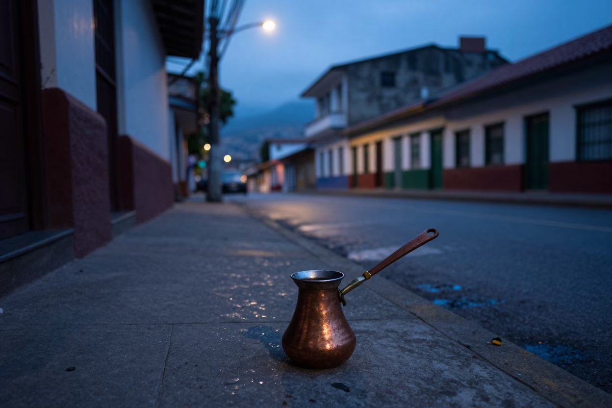 Pre-dawn street scene in Medellin Colombia with copper cezve on sidewalk in in Medellin, Colombia