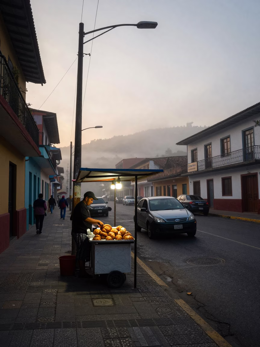 Pre-dawn Street Scene in Medellin Colombia with Fresh Croissants and Butter in in Medellin, Colombia