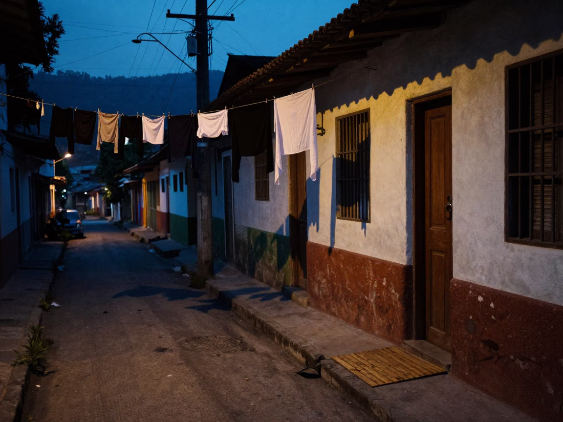 Pre-dawn street scene in Medellin Colombia with hanging laundry and quiet urban architecture in in Medellin, Colombia