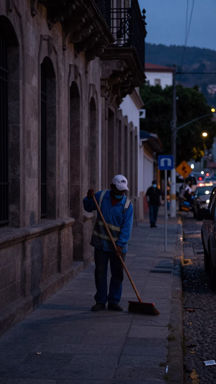 Pre-dawn street scene in Medellin Colombia with worker holding broom near stone architecture in in Medellin, Colombia