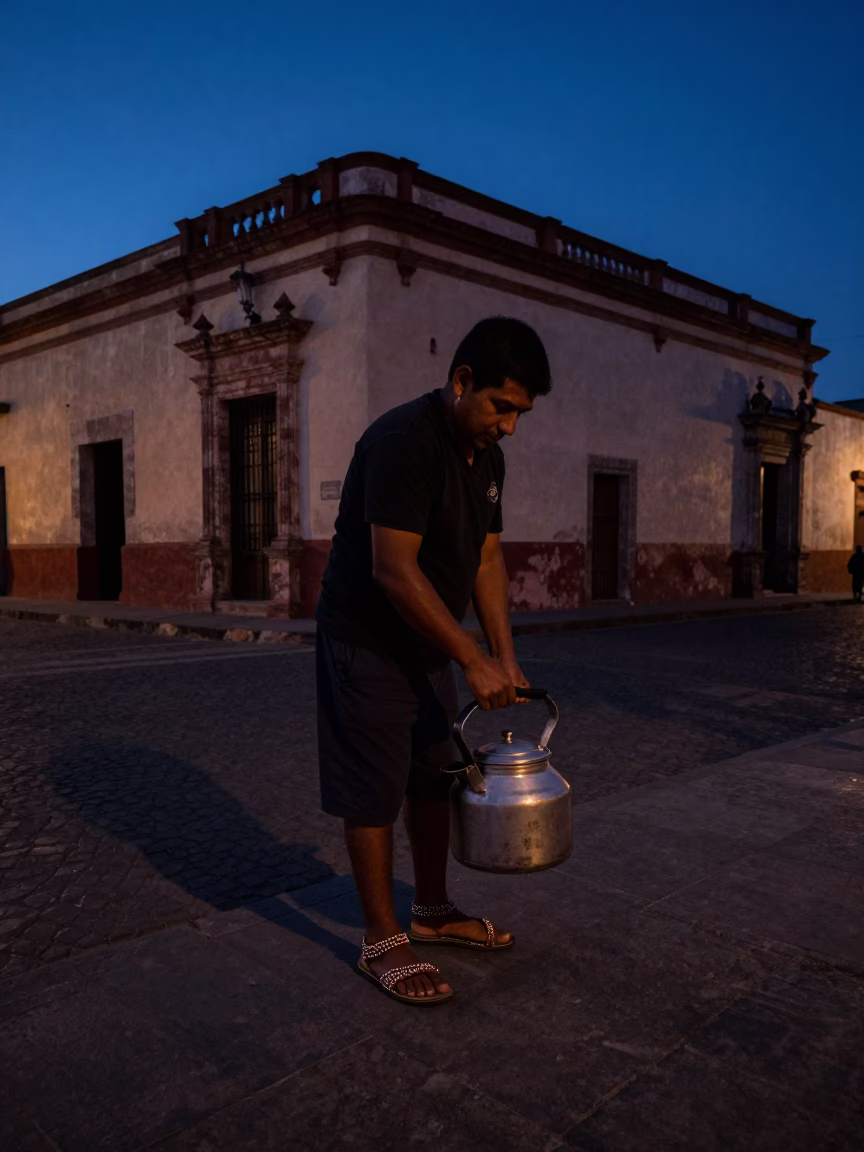 Pre-Dawn Street Scene in Merida Mexico with Beaded Sandals and Kettle in in Merida, Mexico