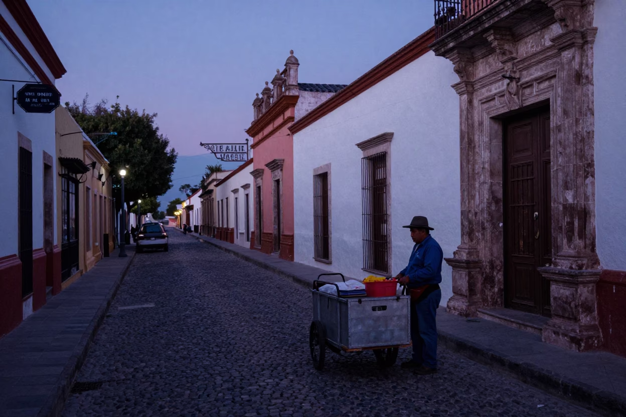 Pre-dawn street scene in Merida Mexico with local vendor and quiet morning light in in Merida, Mexico