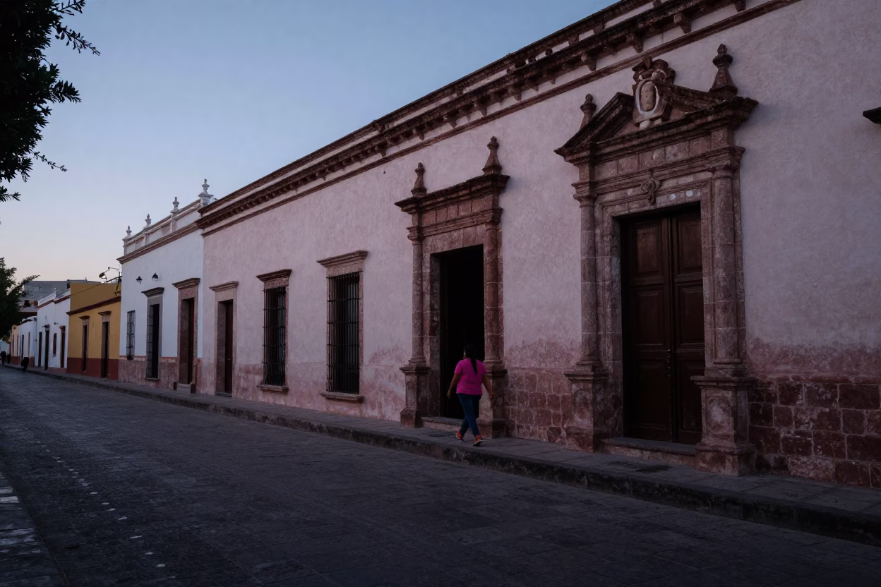 Pre-Dawn Street Scene in Merida Mexico with Prayer Beads and Local Architecture in in Merida, Mexico