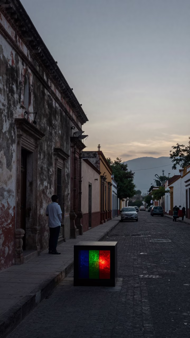 Pre-Dawn Street Scene in Merida Mexico with Shoebox and Colored Glass Bottle in in Merida, Mexico