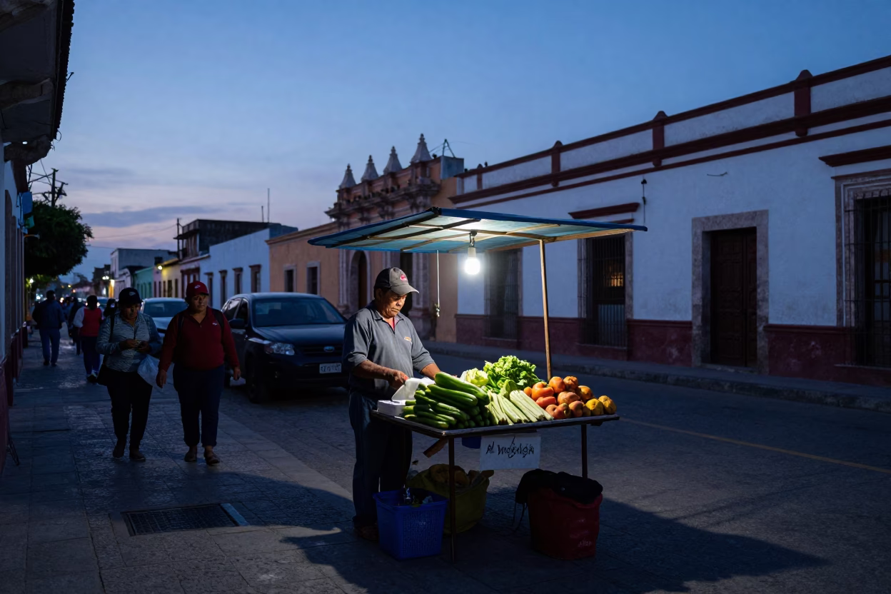 Pre-dawn street scene in Merida Mexico with vendor and local life in in Merida, Mexico