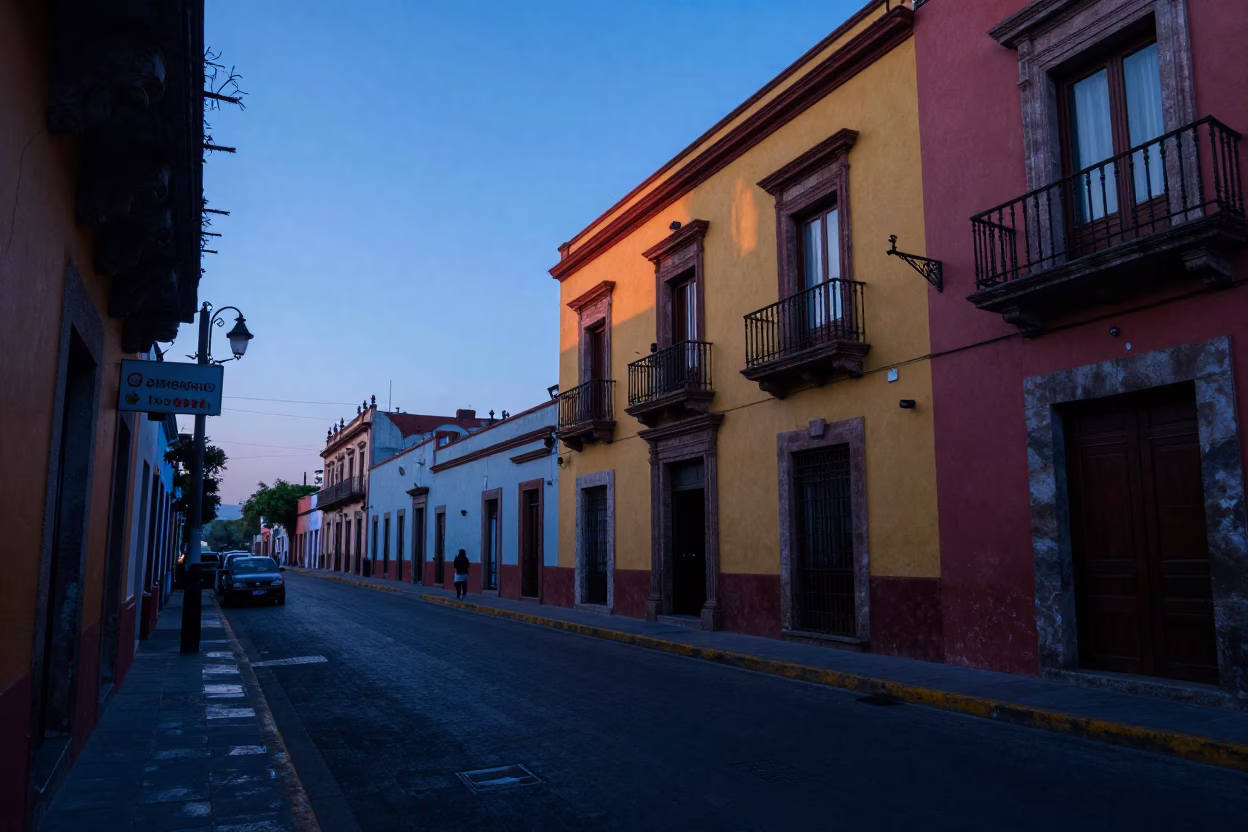 Pre-dawn street scene in Mexico City with colorful storefronts and quiet morning light in in Mexico City, Mexico