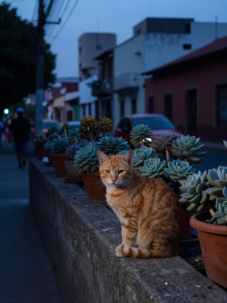 Pre-dawn street scene in Mexico City with orange cat and succulents in in Mexico City, Mexico