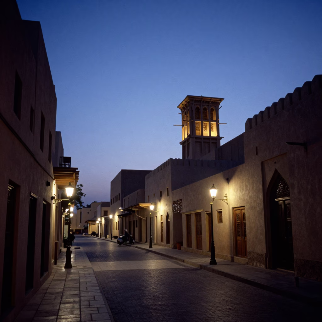 Pre-dawn street scene in Muscat Oman with traditional architecture and early morning light in in Muscat, Oman