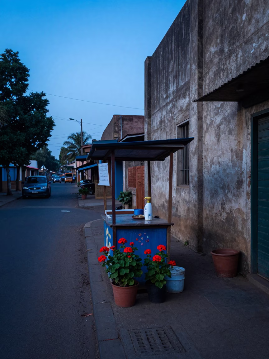 Pre-dawn street scene in Nairobi Kenya with potted geraniums and local morning commerce in in Nairobi, Kenya