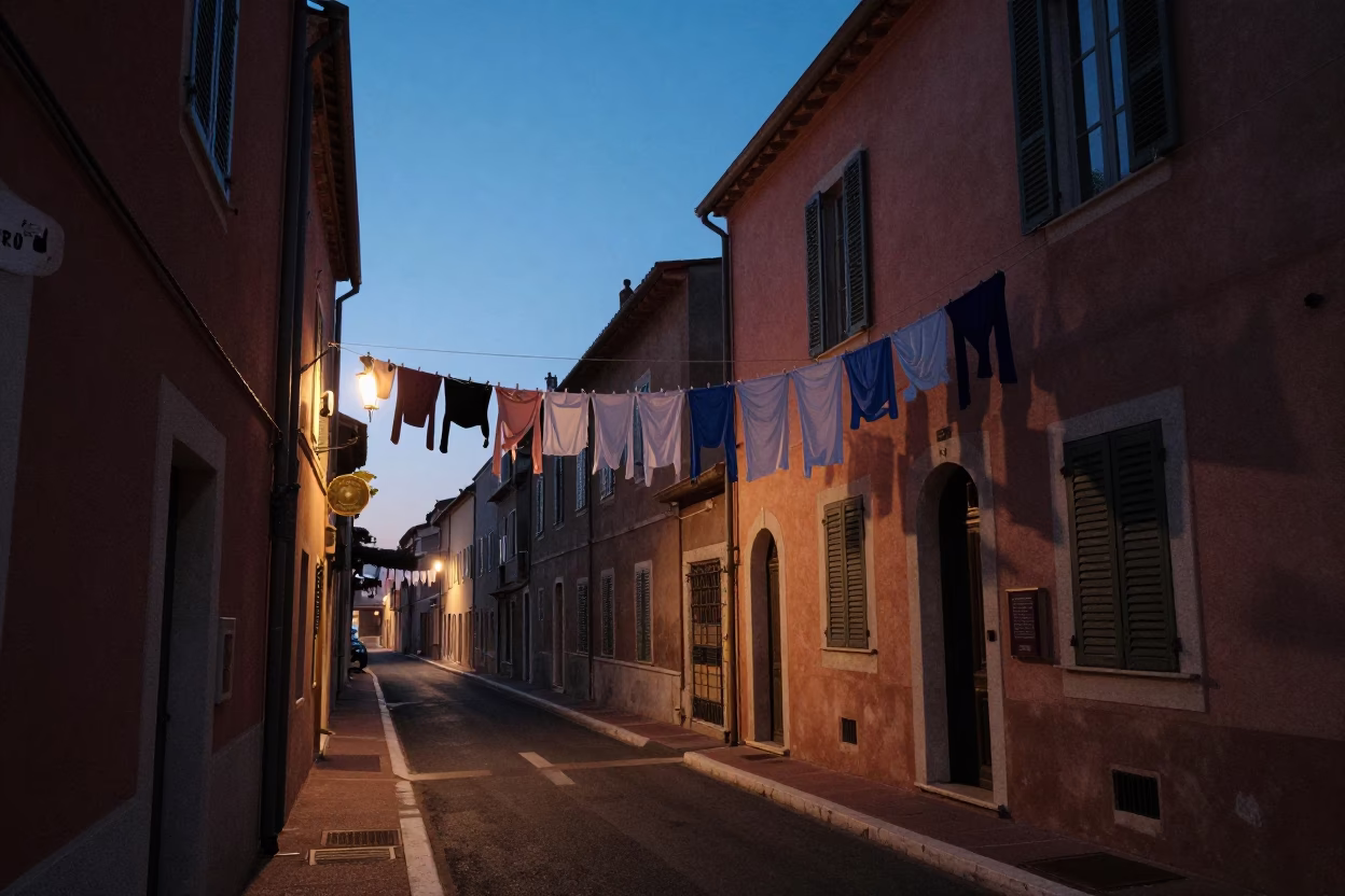 Pre-dawn street scene in Nice France with clothesline and morning light in in Nice, France