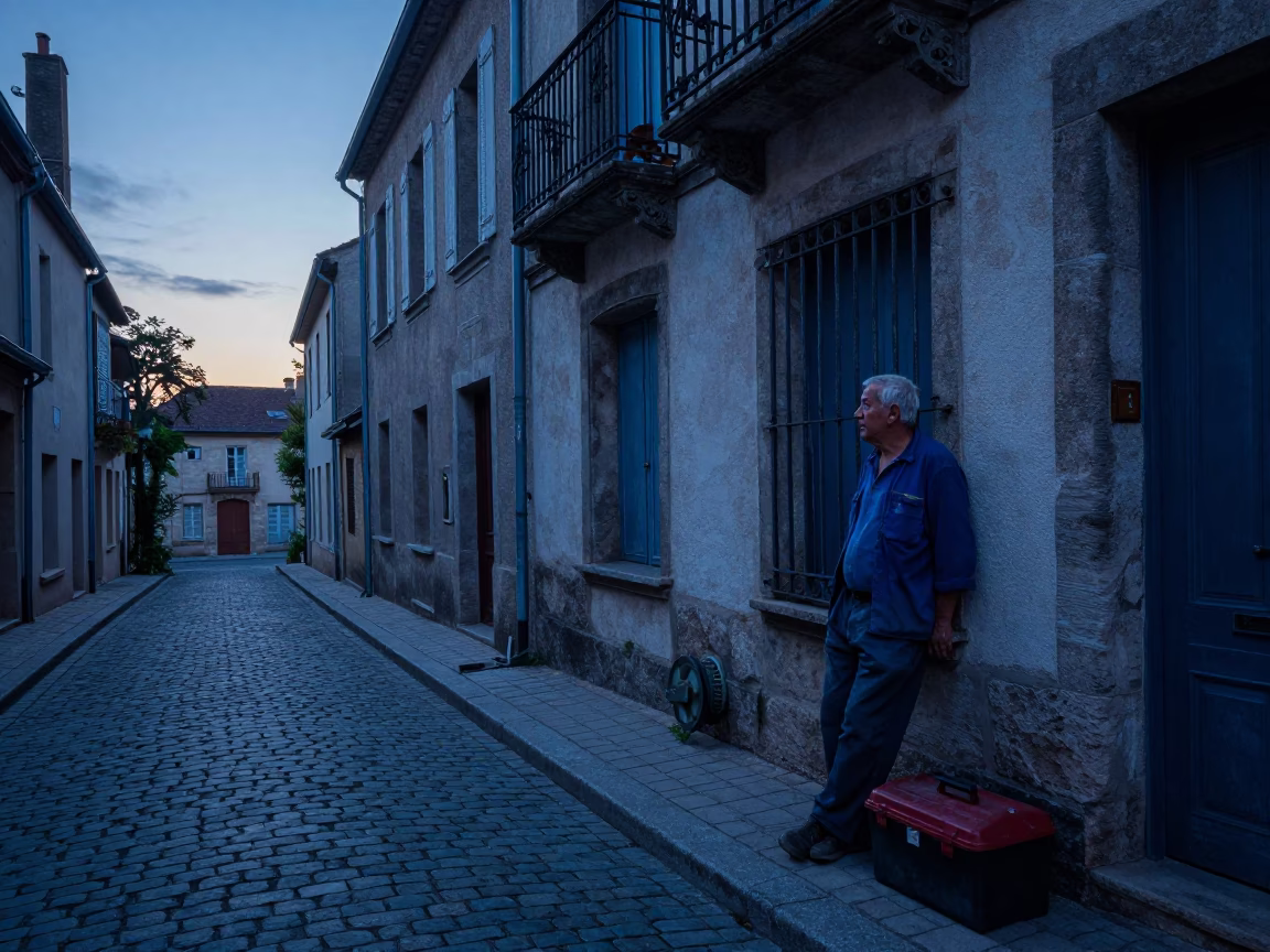 Pre-Dawn Street Scene in Nice France with Toolbox and Pulley in in Nice, France